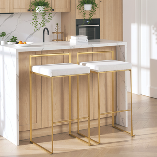 Sunvega Gold and White Velvet Upholstered Stackable Barstool Set of 2