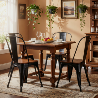 Sunvega High Gloss Black Industrial Metal Dining Chairs with Walnut Wooden Seat