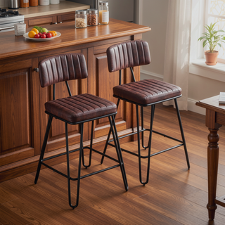 Sunvega Industrial Vintage PU Leather Bar Stools Set of 2 with Backrest