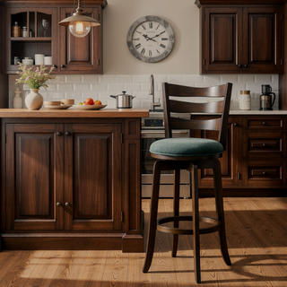 Sunvega Dark Brown Wood Swivel Bar Chair with Slat Back and Padded Seat