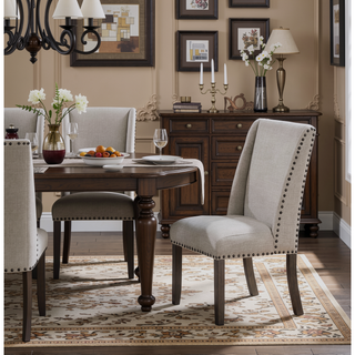 Sunvega Traditional Oak Finish Upholstered Wingback Side Chairs with Nailhead Trim