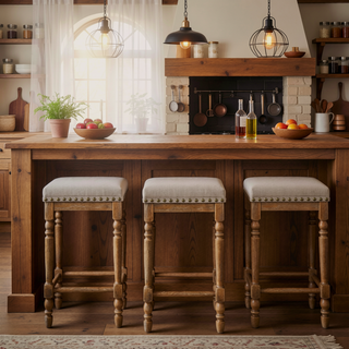 Sunvega Weathered Oak Counter Height Stools with Beige Fabric Upholstery Set of 2