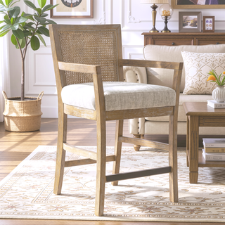 Sunvega Reclaimed Natural Finish Solid Wood Cane Back Counter Stool with Upholstered Seat