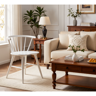 Sunvega Solid Wood Windsor Dining Chairs with Spindle Back and H Stretcher in White Set of 2