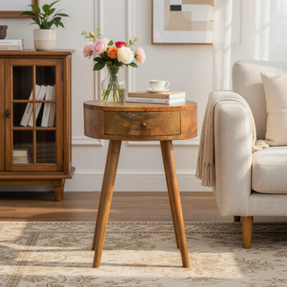 Sunvega Oak Circular Shaped Bedside Table with One Drawer for Home Decor