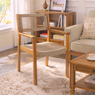 Sunvega Teak and Light Brown Rope Braided Dining Chair Set of 2