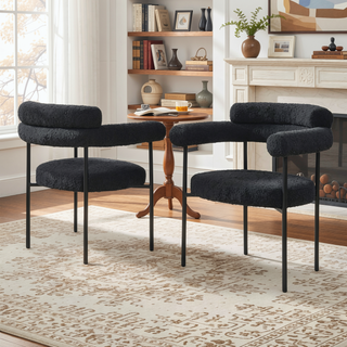 Sunvega Modern Boucle Fabric Upholstered Dining Chair Set with Black Metal Legs