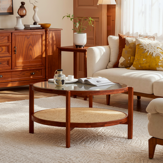 Sunvega Chinese Style White Solid Wood and Imitation Rattan Rectangular Coffee Table