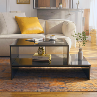 Sunvega Modern Swivel Square Coffee Table with Rotatable Top and Two Drawers