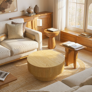 Sunvega MDF Modern Circular Coffee Table with Concealed Storage and Stripe Design