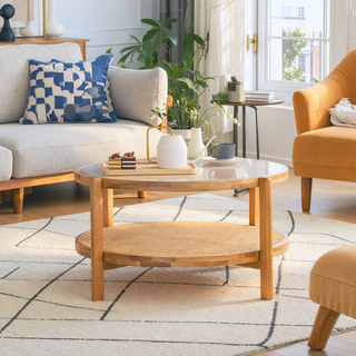 Sunvega Chinese Style White Solid Wood and Imitation Rattan Rectangular Coffee Table