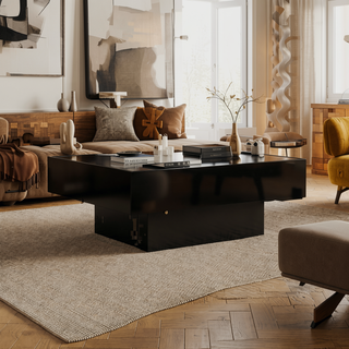 Sunvega Modern Swivel Square Coffee Table with Rotatable Top and Two Drawers