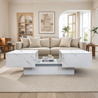 Sunvega Modern Swivel Square Coffee Table with Rotatable Top and Two Drawers