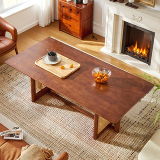 Sunvega Chinese Style White Solid Wood and Imitation Rattan Rectangular Coffee Table