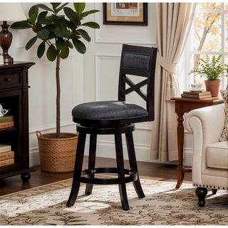 Sunvega 24 Inch Counter Height X-Back Swivel Stool with Beige Fabric Seat and Cherry Finish
