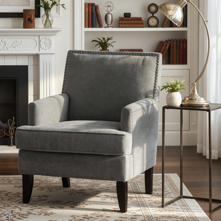 Sunvega Track Arm Club Chair with Expresso Legs and Silver Nailheads