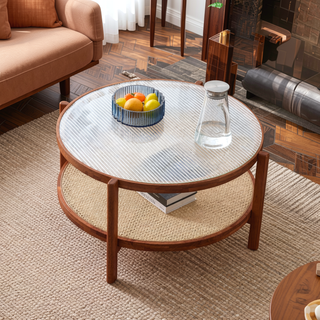 Sunvega Chinese Style White Solid Wood and Imitation Rattan Rectangular Coffee Table
