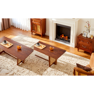Sunvega Chinese Style White Solid Wood and Imitation Rattan Rectangular Coffee Table