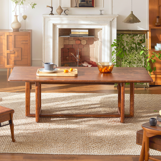 Sunvega Chinese Style White Solid Wood and Imitation Rattan Rectangular Coffee Table