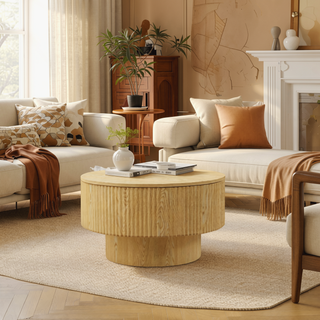 Sunvega MDF Modern Circular Coffee Table with Concealed Storage and Stripe Design