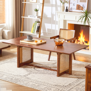 Sunvega Chinese Style White Solid Wood and Imitation Rattan Rectangular Coffee Table