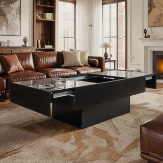 Sunvega Modern Swivel Square Coffee Table with Rotatable Top and Two Drawers