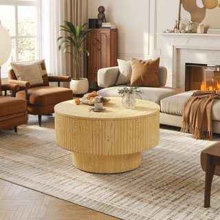 Sunvega MDF Modern Circular Coffee Table with Concealed Storage and Stripe Design