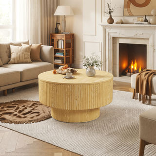 Sunvega MDF Modern Circular Coffee Table with Concealed Storage and Stripe Design