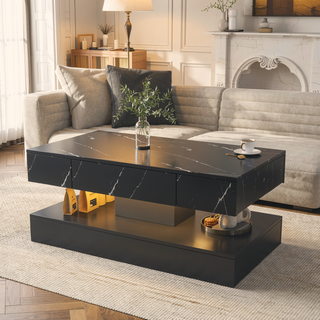 Sunvega Modern Swivel Square Coffee Table with Rotatable Top and Two Drawers