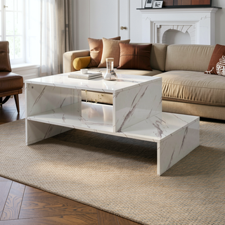 Sunvega Modern Swivel Square Coffee Table with Rotatable Top and Two Drawers