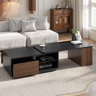 Sunvega Modern Swivel Square Coffee Table with Rotatable Top and Two Drawers