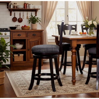 Sunvega 24 Inch Counter Height X-Back Swivel Stool with Beige Fabric Seat and Cherry Finish