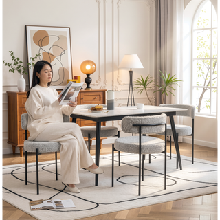 Sunvega Modern Round Boucle Dining Chairs with Textured Upholstery, Set of 2 White