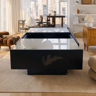 Sunvega Modern Swivel Square Coffee Table with Rotatable Top and Two Drawers