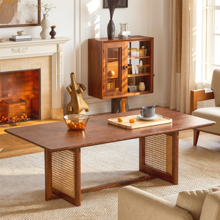 Sunvega Chinese Style White Solid Wood and Imitation Rattan Rectangular Coffee Table
