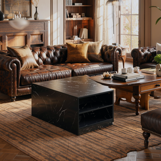 Sunvega Modern Swivel Square Coffee Table with Rotatable Top and Two Drawers