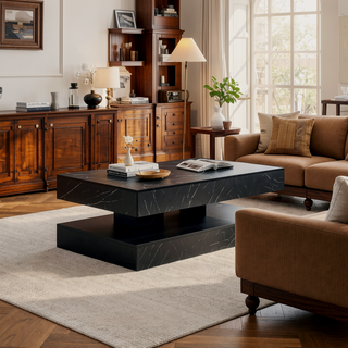 Sunvega Modern Swivel Square Coffee Table with Rotatable Top and Two Drawers