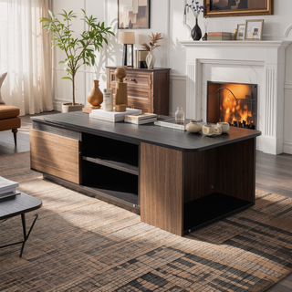 Sunvega Modern Swivel Square Coffee Table with Rotatable Top and Two Drawers