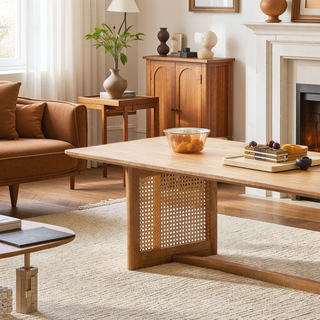 Sunvega Chinese Style White Solid Wood and Imitation Rattan Rectangular Coffee Table