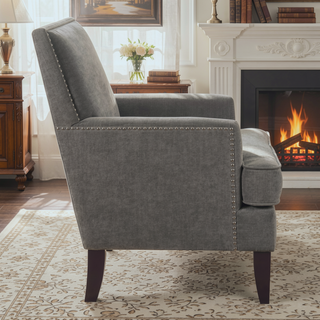 Sunvega Track Arm Club Chair with Expresso Legs and Silver Nailheads