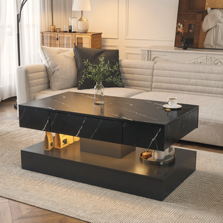Sunvega Modern Swivel Square Coffee Table with Rotatable Top and Two Drawers