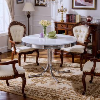 Sunvega White and Chrome Oval Dining Table with Sturdy Retro Base for Elegant Dining