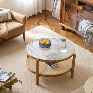 Sunvega Chinese Style White Solid Wood and Imitation Rattan Rectangular Coffee Table