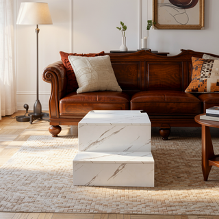 Sunvega Modern Swivel Square Coffee Table with Rotatable Top and Two Drawers