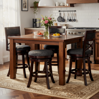 Sunvega 24 Inch Counter Height X-Back Swivel Stool with Beige Fabric Seat and Cherry Finish