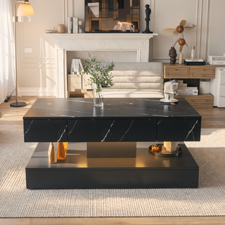 Sunvega Modern Swivel Square Coffee Table with Rotatable Top and Two Drawers