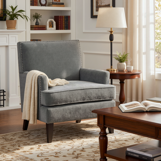 Sunvega Track Arm Club Chair with Expresso Legs and Silver Nailheads