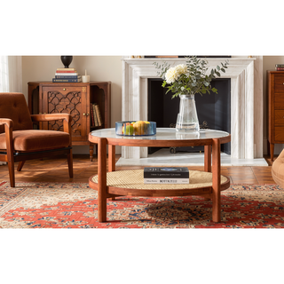 Sunvega Chinese Style White Solid Wood and Imitation Rattan Rectangular Coffee Table