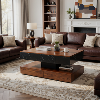 Sunvega Modern Swivel Square Coffee Table with Rotatable Top and Two Drawers