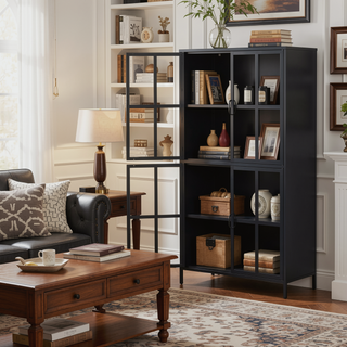 Sunvega Modern Kitchen Pantry Cabinet with Glass Doors and Adjustable Shelves for Living Room